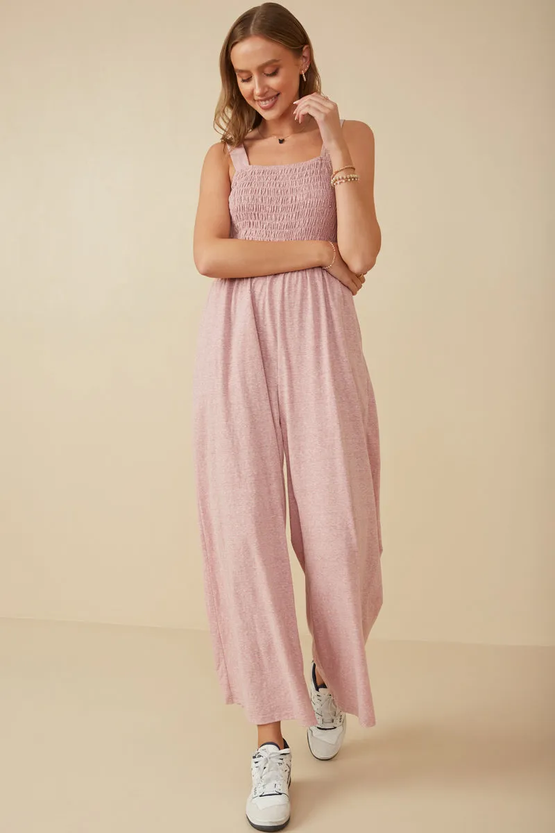 Body Positive Relaxing Style Smocked Strappy Marled Knit Jumpsuit