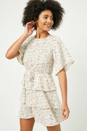 Ditsy Floral Tiered Flutter Sleeve Mini Dress Sheer Layer