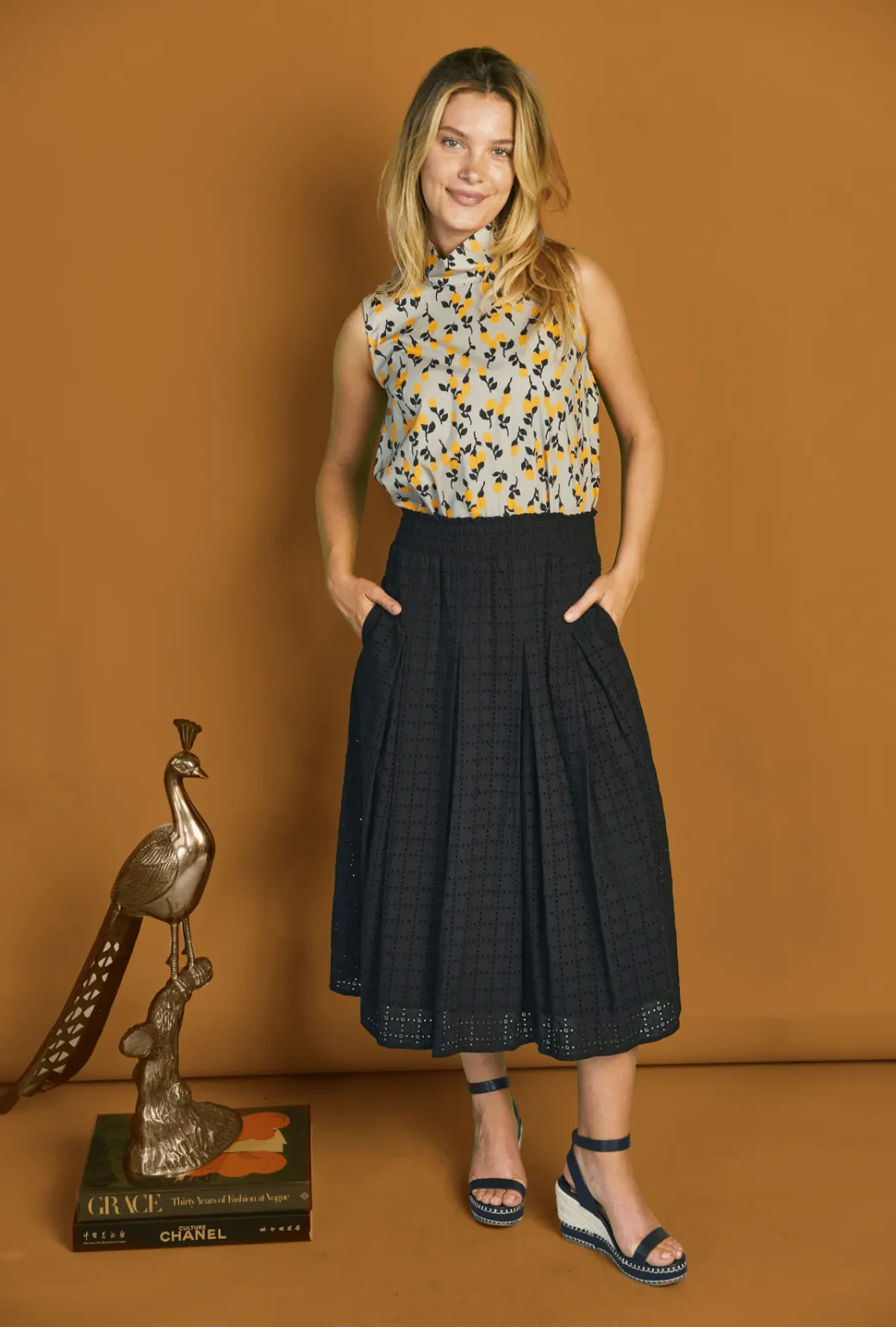 Smocked Waist MIDI Skirt - Black Eyelet StretchWaistband NonRestrictiveFit