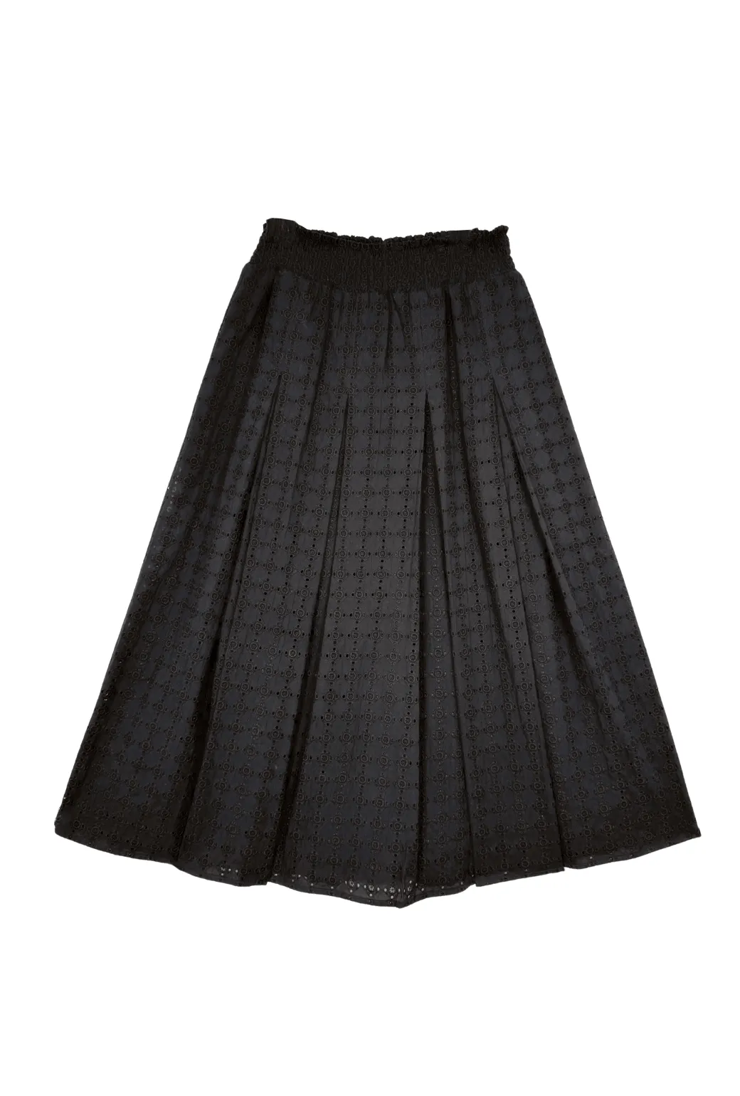 Stain Resistant Weave Smocked Waist MIDI Skirt - Black Eyelet