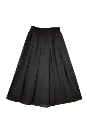 Stain Resistant Weave Smocked Waist MIDI Skirt - Black Eyelet