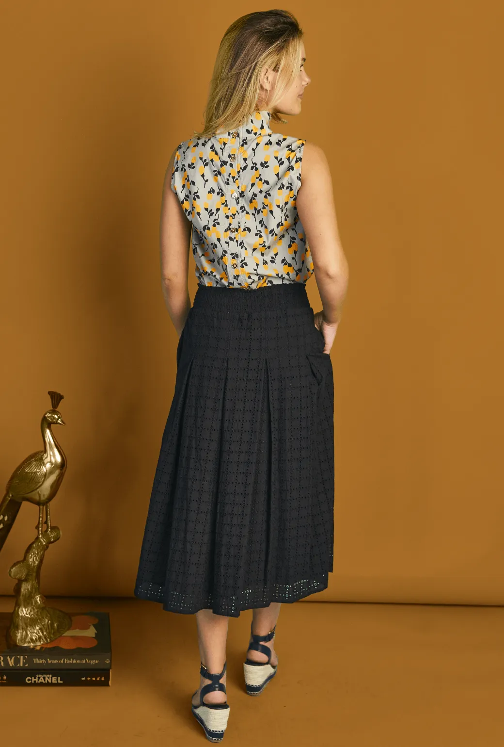 HighWaistSupport Smocked Waist MIDI Skirt - Black Eyelet