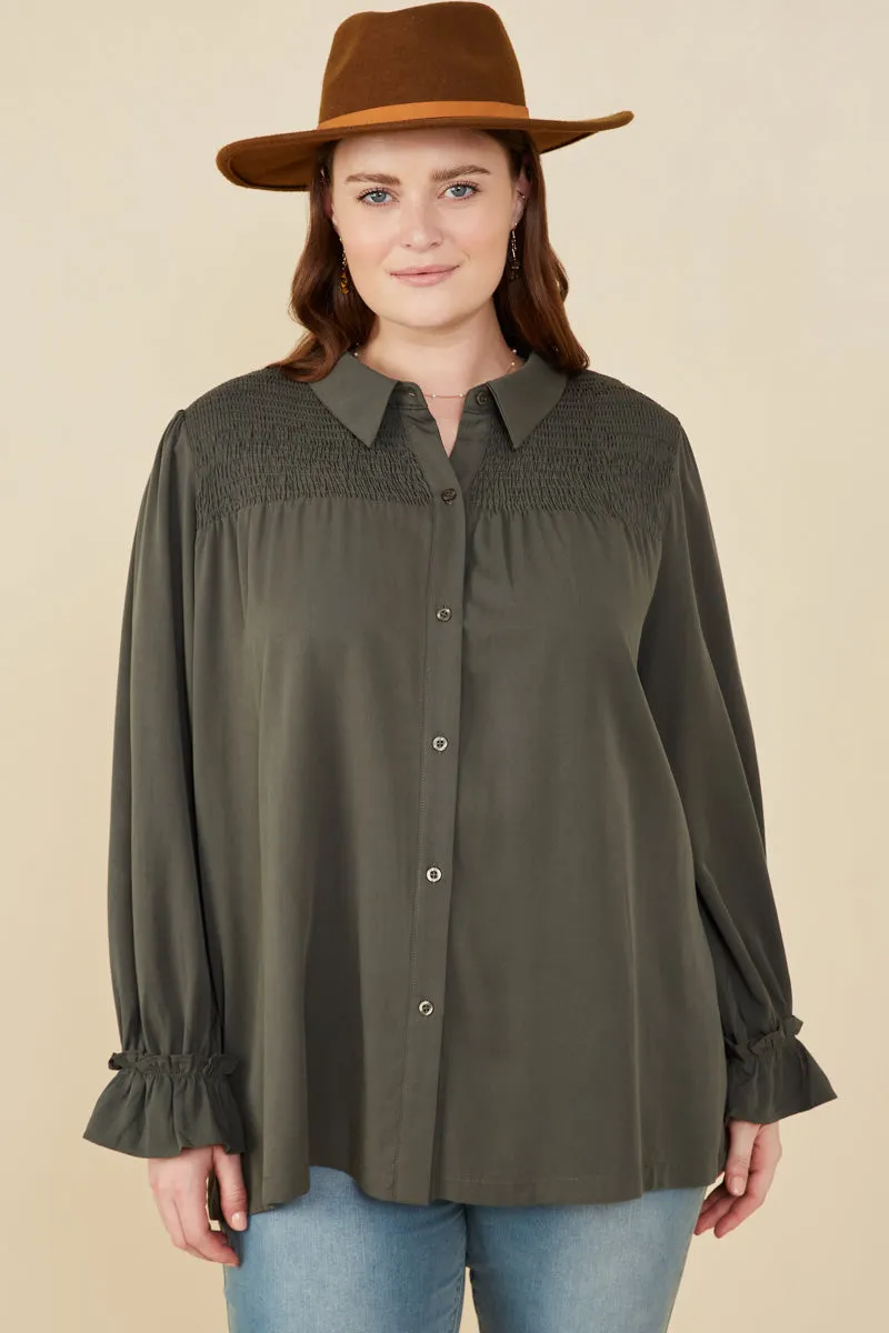 CrewNeck Wide Shoulder Cut Smocked Yoke Garment Washed Tencel Tunic