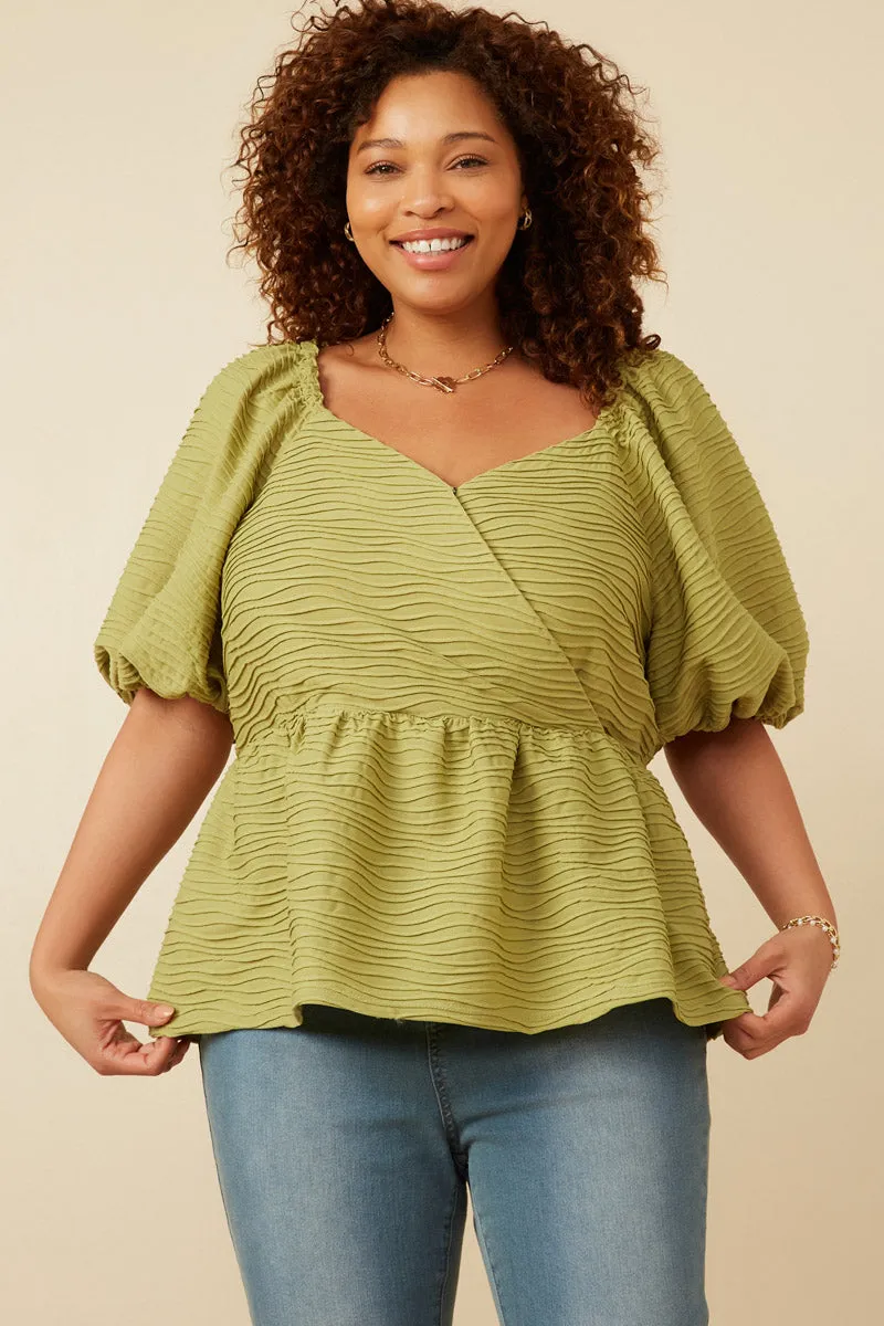 Textured Exaggerated Puff Sleeve Surplice Top Multipanel Construction Stretch Knit Material
