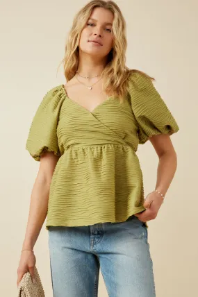 Textured Exaggerated Puff Sleeve Surplice Top Resilient Elasticity