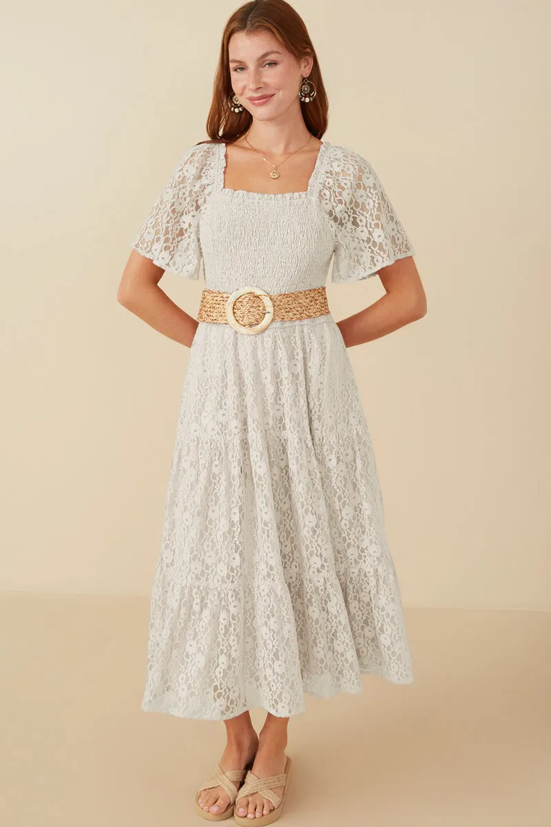 Artistic Shape Office Casual Floral Lace Smocked Short Sleeve Dress