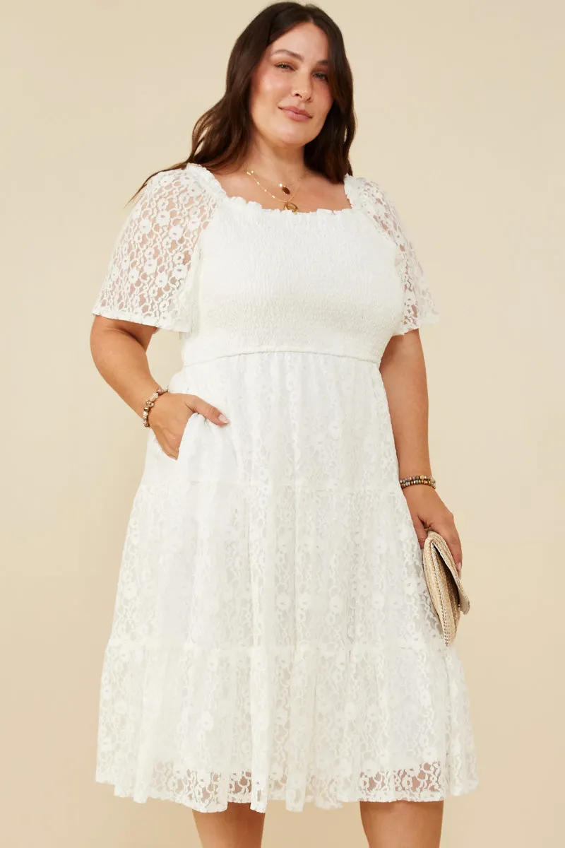 Satin Fabric Lace Soft Floral Lace Smocked Short Sleeve Dress