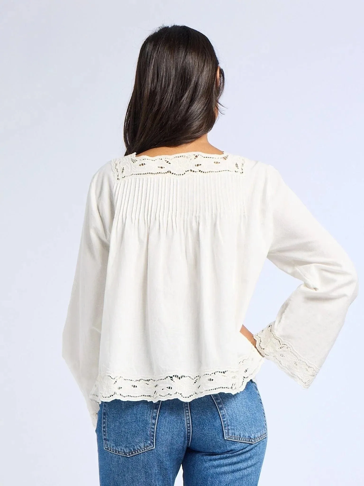 DroppedShoulder Melba Top in White Embroidered Linen