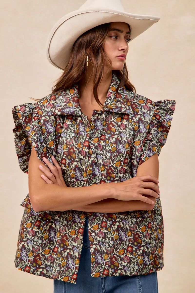 Anti Pill Surface Odor Resistant Coating IP8573S-08 | FLOWER PRINTED PUFFER VEST WITH RUFFLED DETAIL