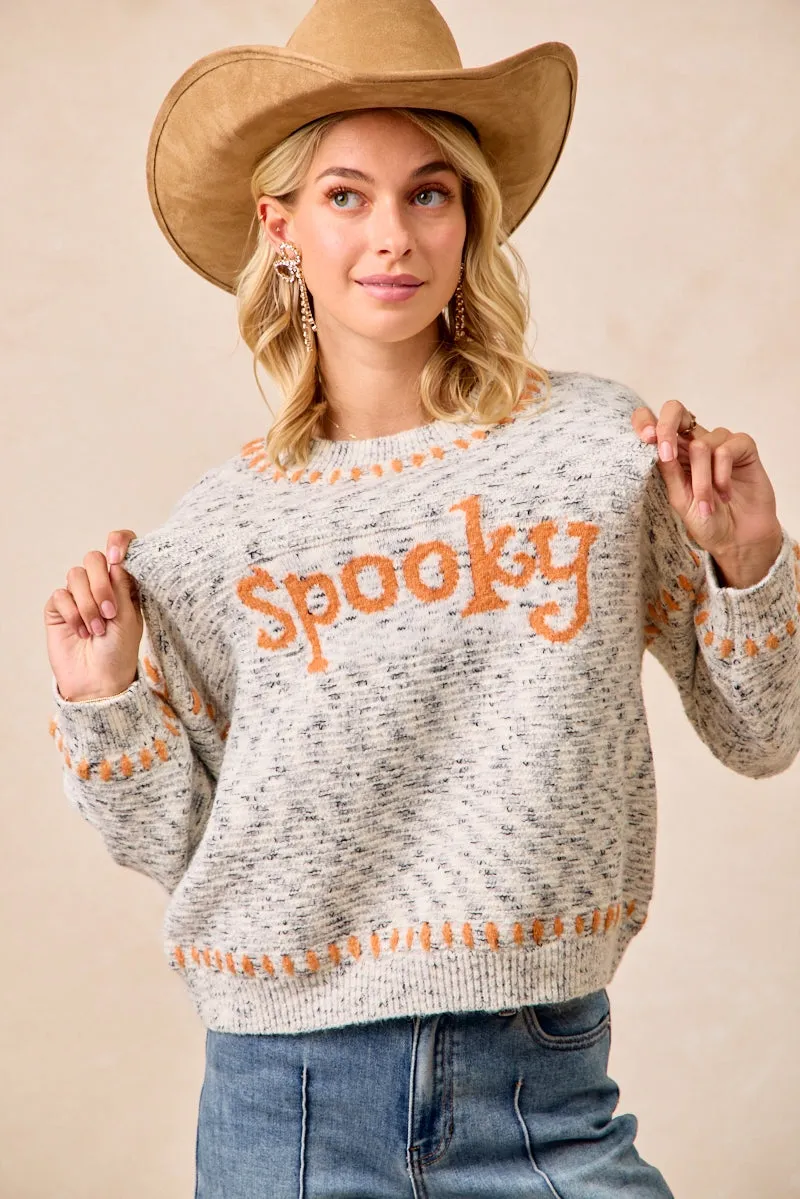 IT4663S-01 | MELANGE SWEATR SPOOKY LETTER KNIT TOP WITH STITCH Breathable Material