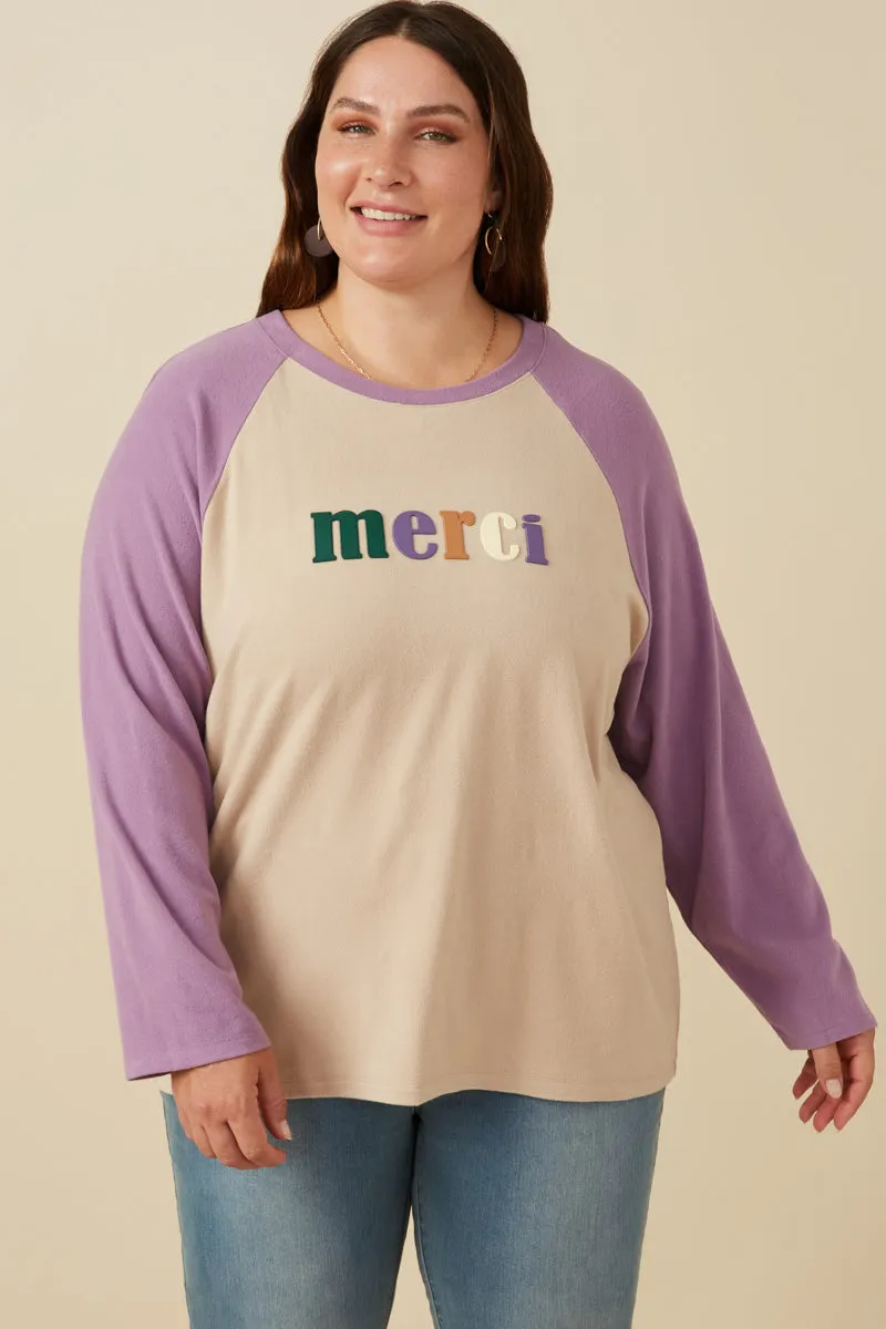 Merci Applique Brushed Color Block Raglan Top Flexible Waistband Adaptation Tear Resistant Fiber Blend
