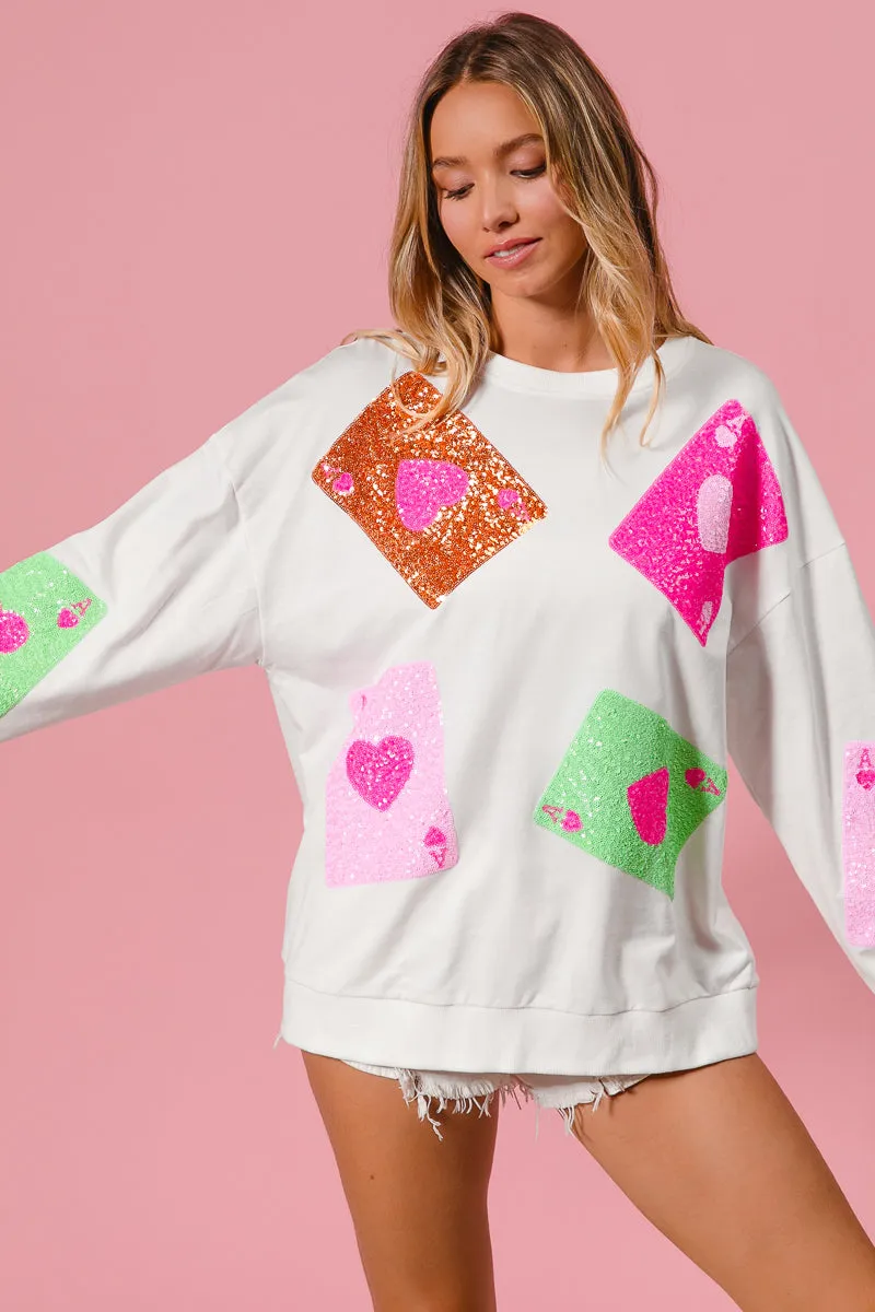 IT1508G-40 | SEQUIN HEART ACE CARDS EMBROIDERY PULLOVER Eco Friendly Dye
