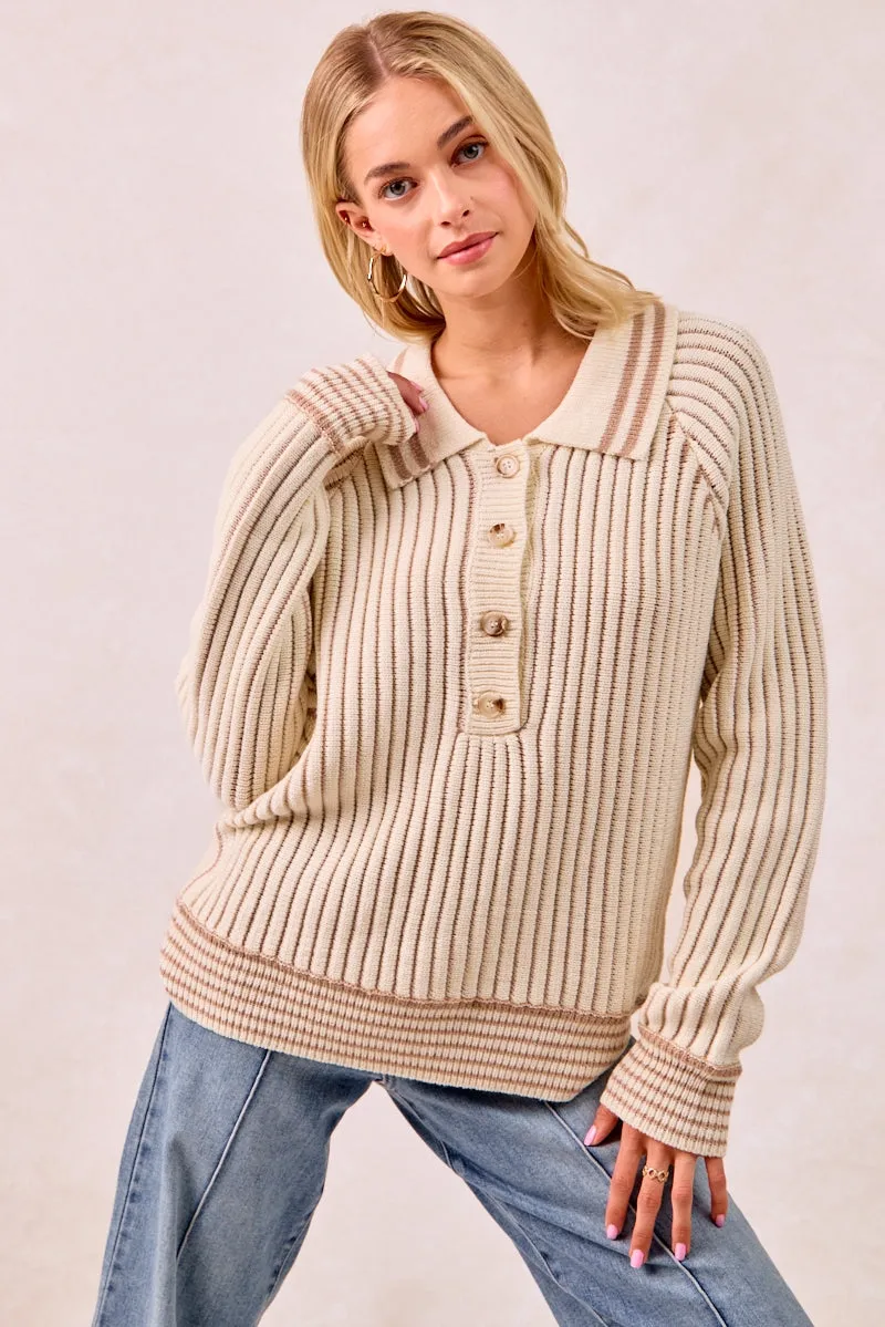 IT4500S-01 | TWO TONE SWEATER TOP WITH BUTTON UP COLLARED HiddenDrawcord Versatile staple