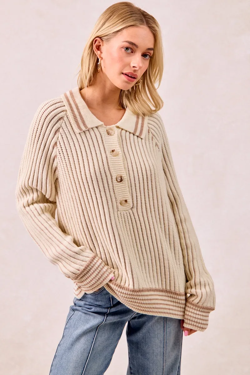 IT4500S-01 | TWO TONE SWEATER TOP WITH BUTTON UP COLLARED SoftTouchFinish Modern Cut
