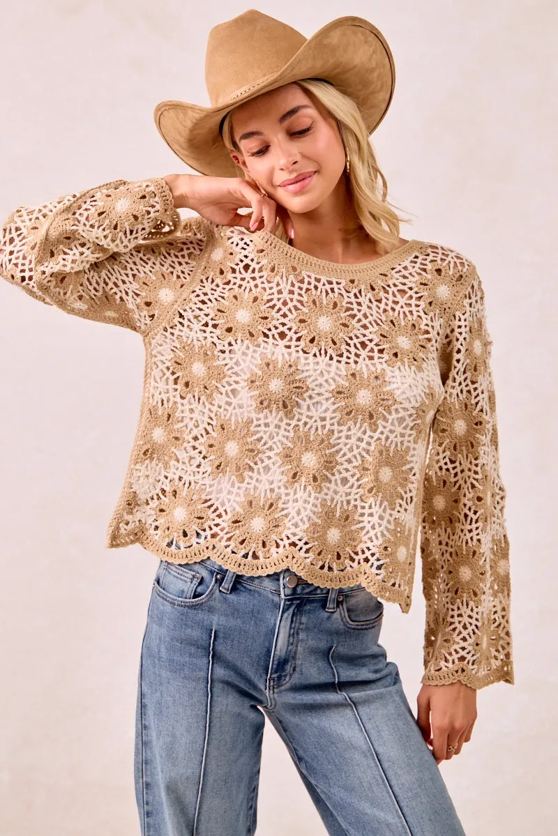 IT4411S-02 | FLOWER CROCHET KNIT TOP Water Resistant Shell