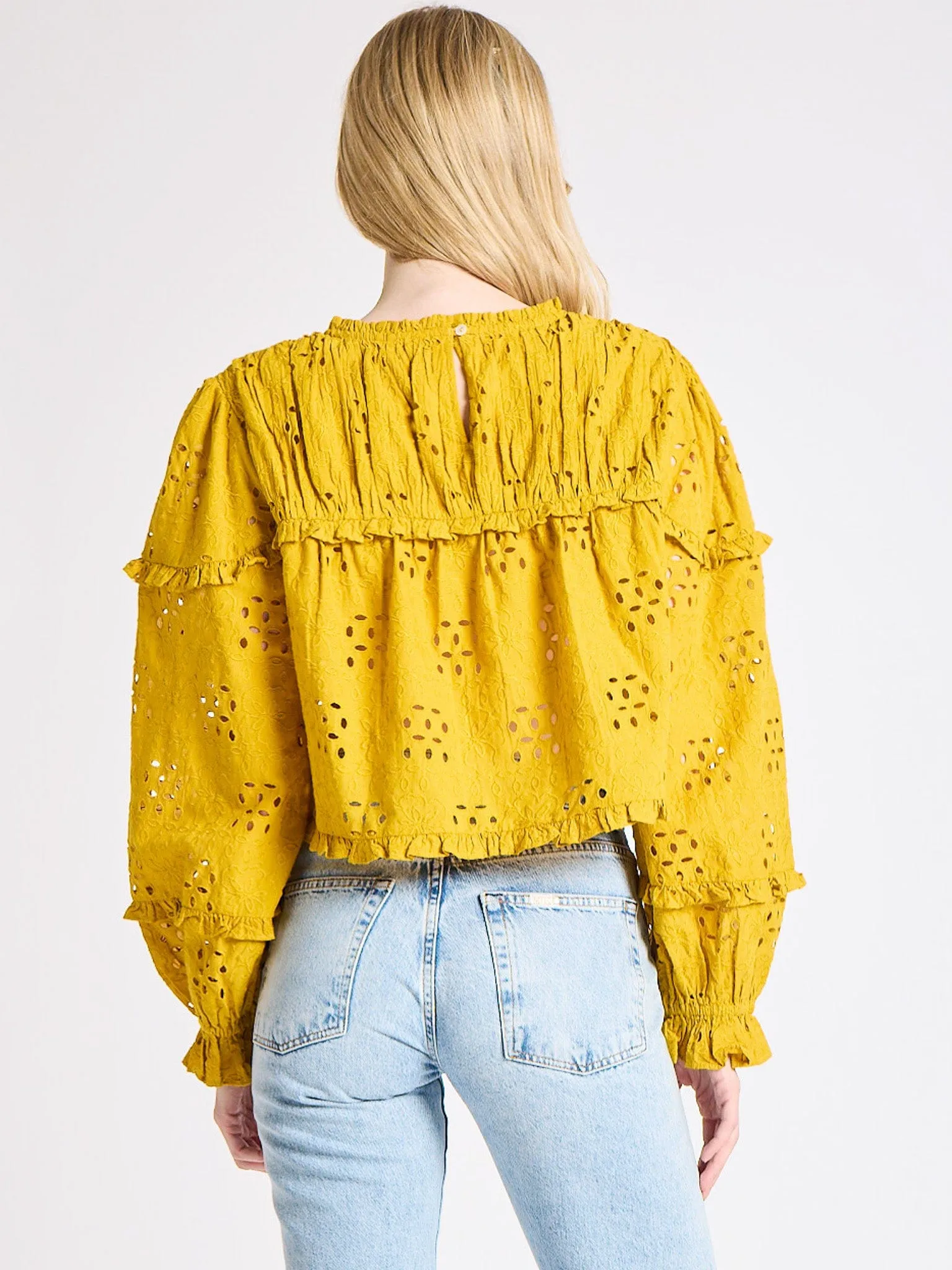 Tear Resistant Fiber Blend All Purpose Casual Cut Thea Top in Marigold Eyelet