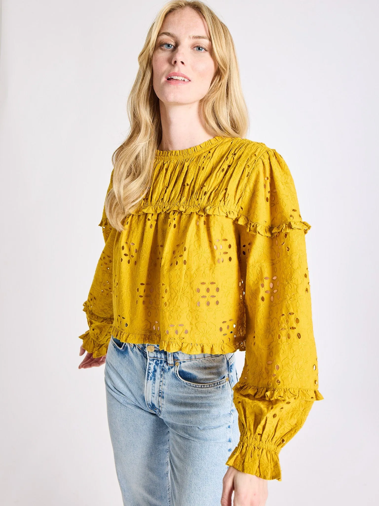 TemperatureRegulating Fabric Thea Top in Marigold Eyelet