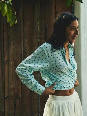 Linen Blend Fabric Sofia Top in Blue Hearts