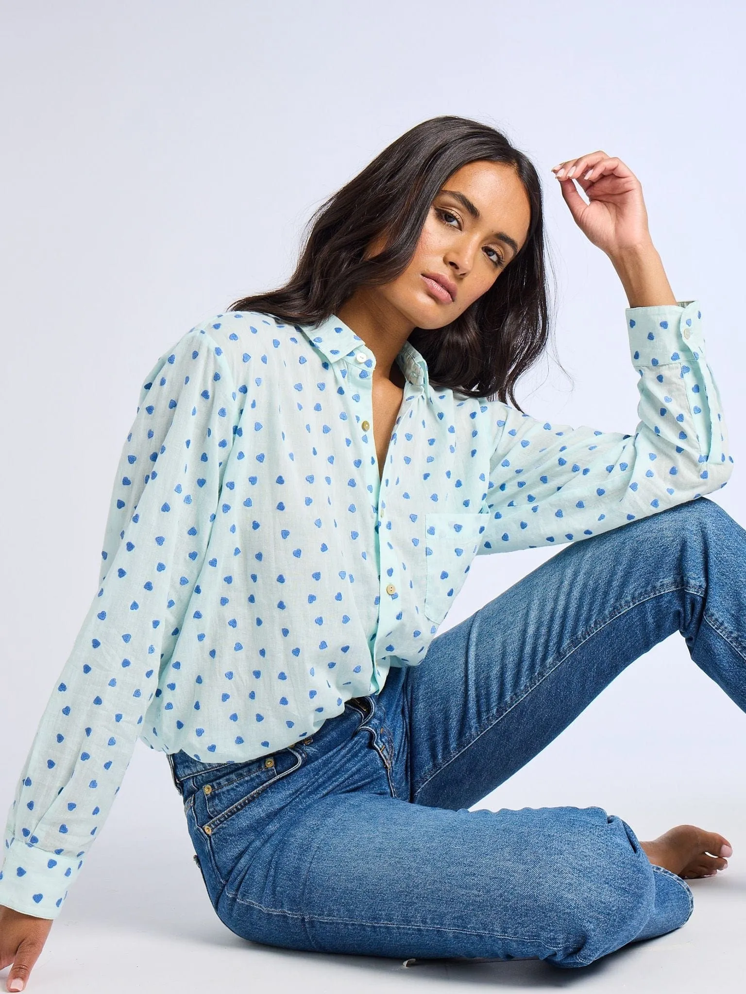 Sofia Top in Blue Hearts Hydrophobic Threadwork UltraSoft Blend