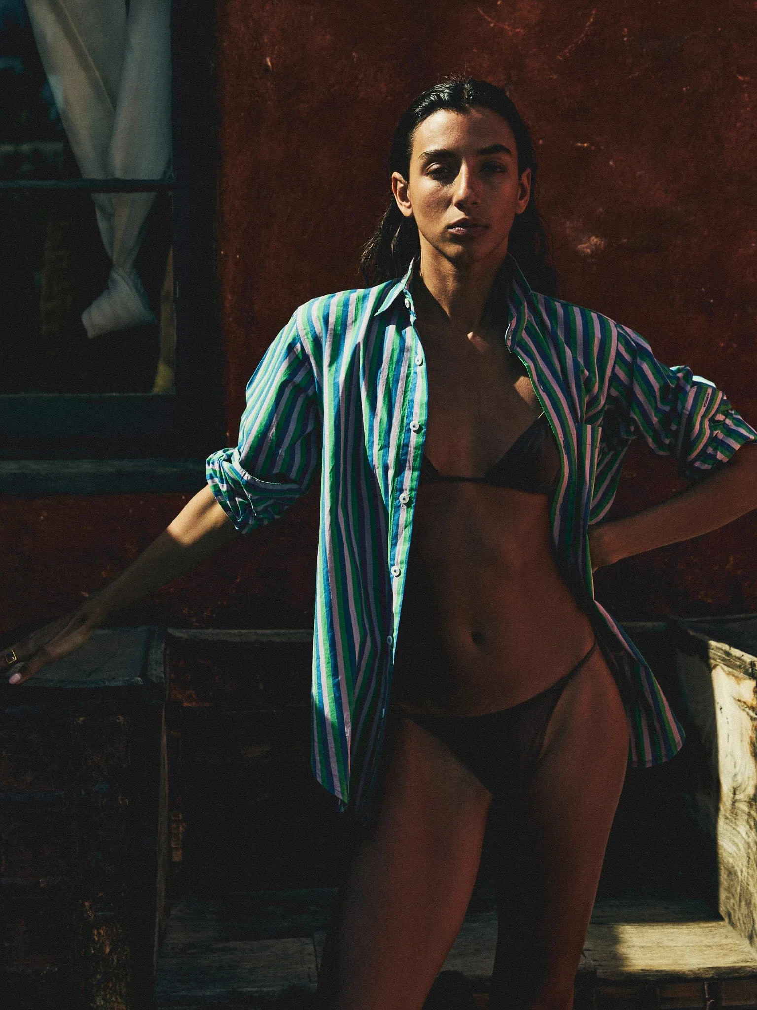 Sofia Top in Printemps Stripe Mesh Panel Details Slim Fit Shirt