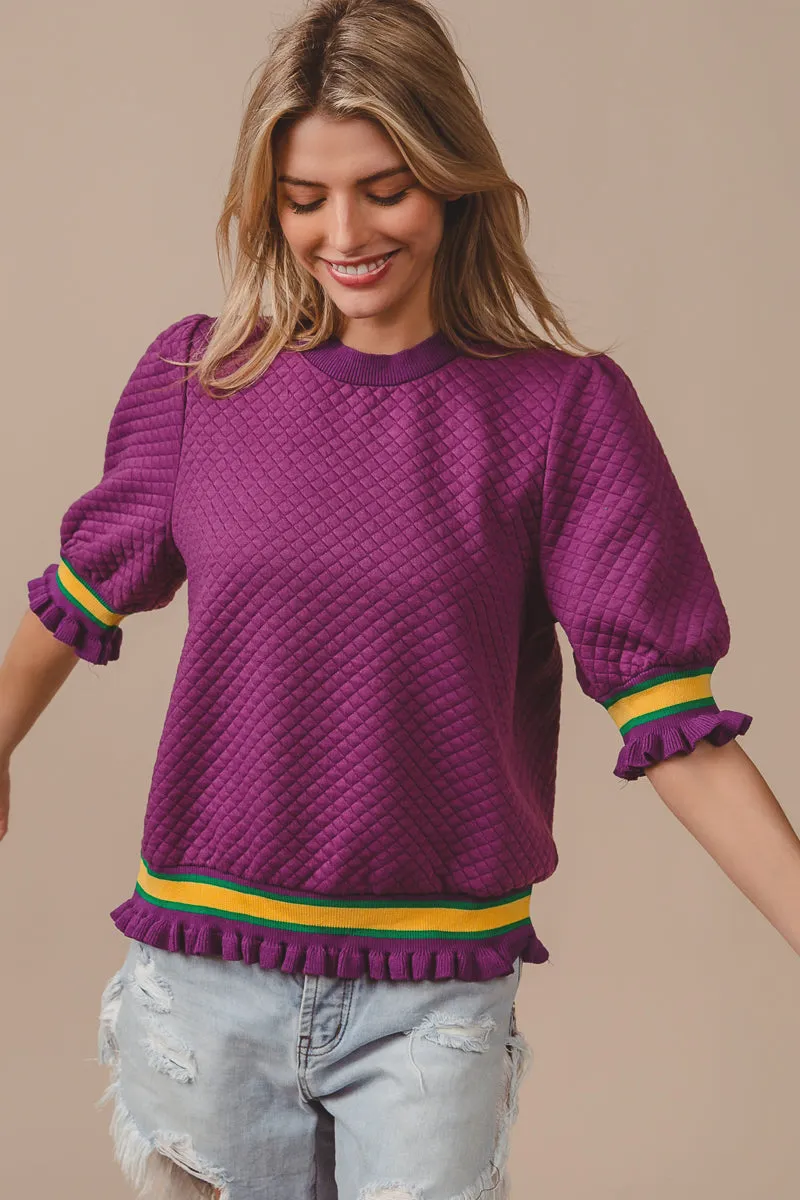 IT3352S-02 | MARDI GRAS THEME QUILTED KNIT PUFF SLEEVES TOP Pull-on style TearResistantMaterial