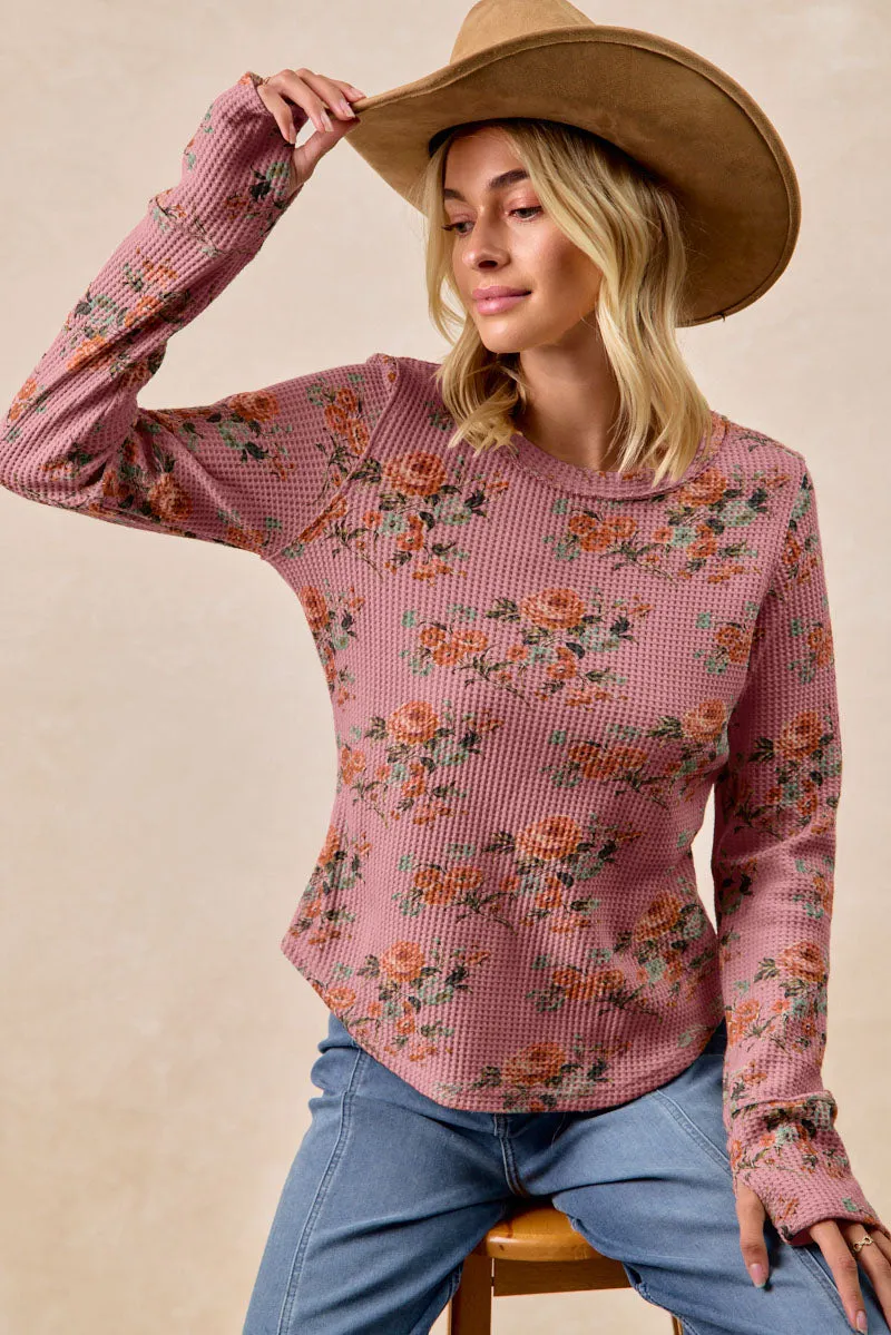 IT4547G-05 | FLORAL PRINT WASHED WAFFLE THERMAL TOP WITH THUMB UV Protective