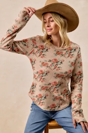 IT4547G-05 | FLORAL PRINT WASHED WAFFLE THERMAL TOP WITH THUMB Zipper Closure