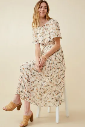 Soft Floral Pleated Skirt Short Sleeve Dress Organic-Fabric Social Charm