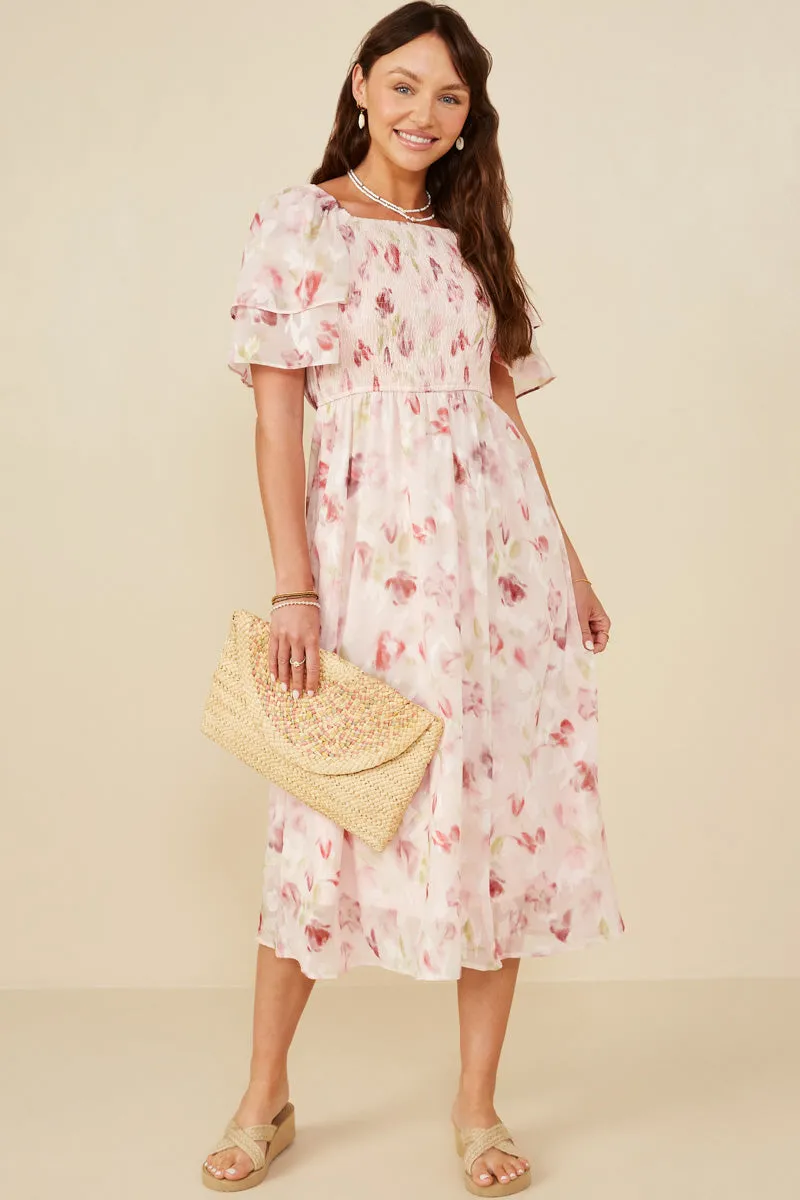 Lounge Vibe Soft Floral Print Layered Sleeve Smocked Dress