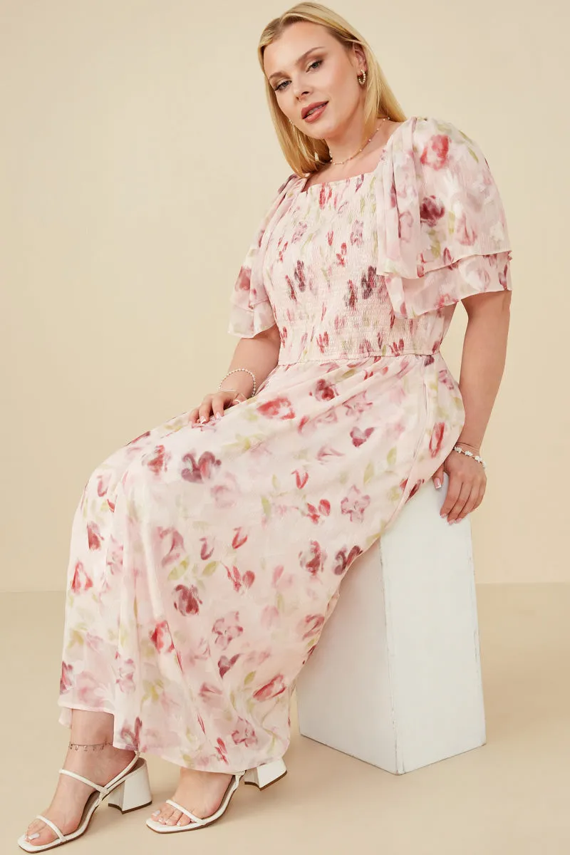 Modern Twist Soft Floral Print Layered Sleeve Smocked Dress