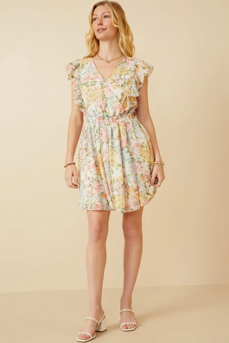 Wedding Style Soft Floral Ruffle Detail Surplice Dress
