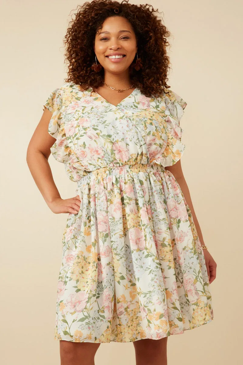 Music-Concert Gentle Drape Soft Floral Ruffle Detail Surplice Dress