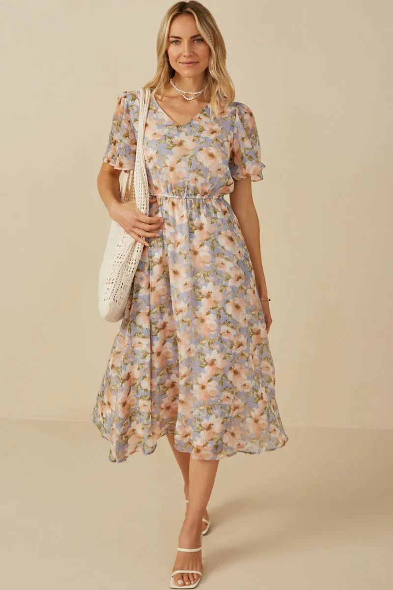 Soft Floral V Neck Puff Sleeve Dress Relax Appeal Office Glam