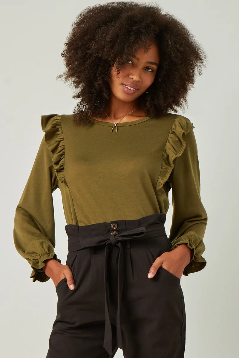 Soft French Terry Cuffed Ruffled Long Sleeve Top UPFProtection