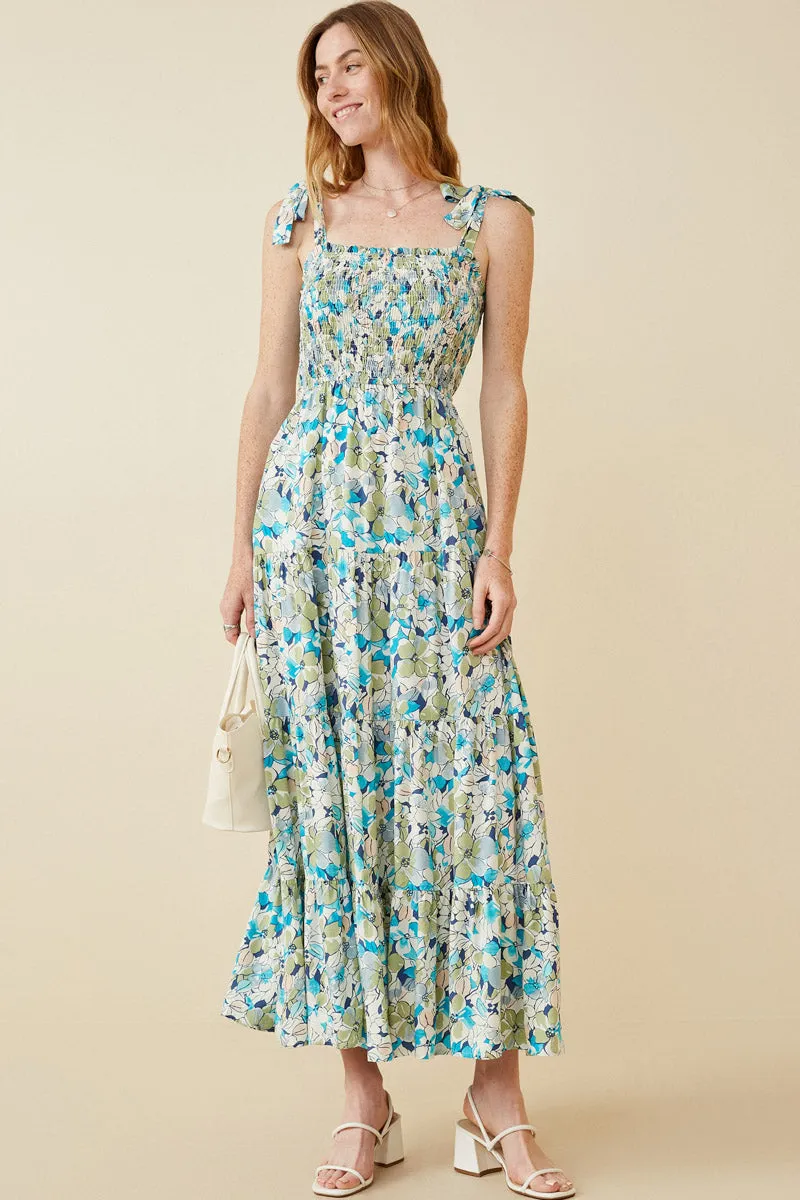 Floral Smocked Bodice Tie Shoulder Dress Drawstring-Closure Flattering Shape