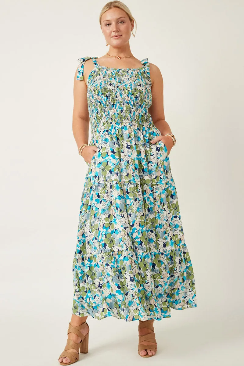 Air Comfort Pleated-Skirt Floral Smocked Bodice Tie Shoulder Dress