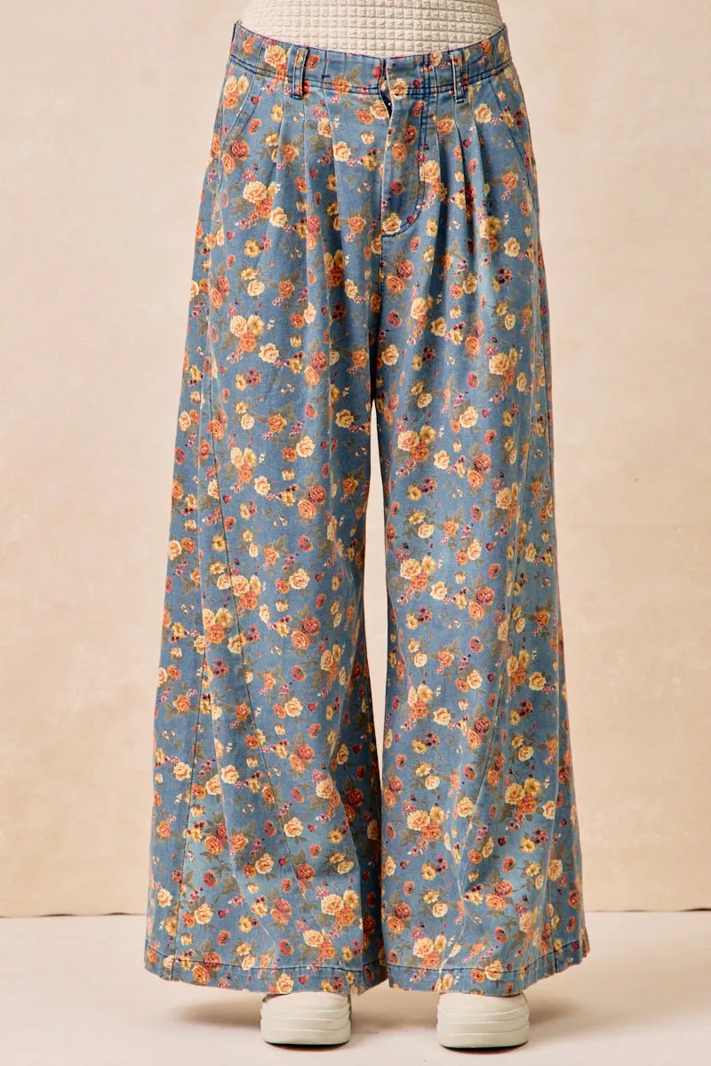 IB1476G-15 | VINTAGE WASHED FLORAL PRINTED WIDE DENIM PANTS ArticulatedJoints DurableBartack