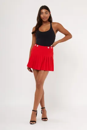 Pleated Gold Button Knit Crepe Skort Smart Texture