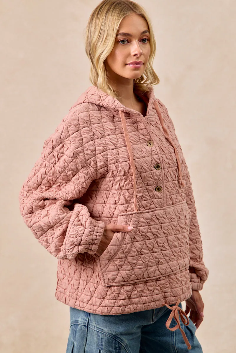 IT4624S-03 | QUILITING KNIT BUTTONED HOODIE TOP WITH POCKET Urban Style Multipurpose Design