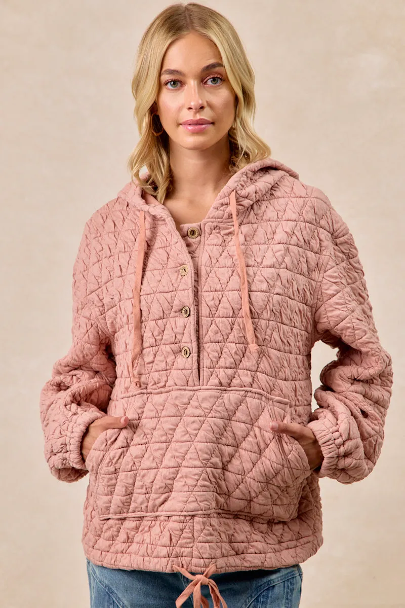 IT4624S-03 | QUILITING KNIT BUTTONED HOODIE TOP WITH POCKET Basic Utility