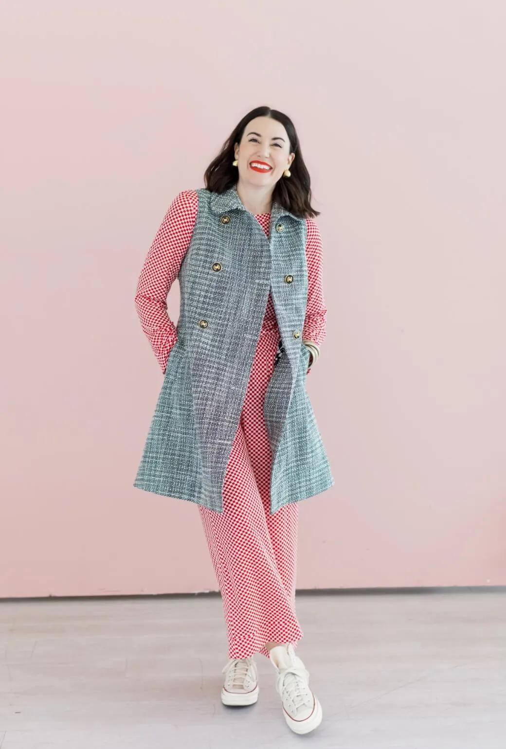 Convertible Sleeve Adaptation Everyday Jacket Buru x Val Crew Neck Tee - Red & White Checkerboard