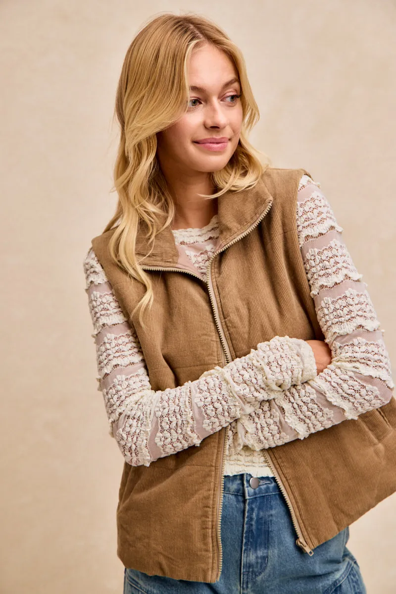 Tear Resistant Weave IT4895-01 | CORDUROY ZIP UP HIGH NECK VEST WITH SIDE POCKET