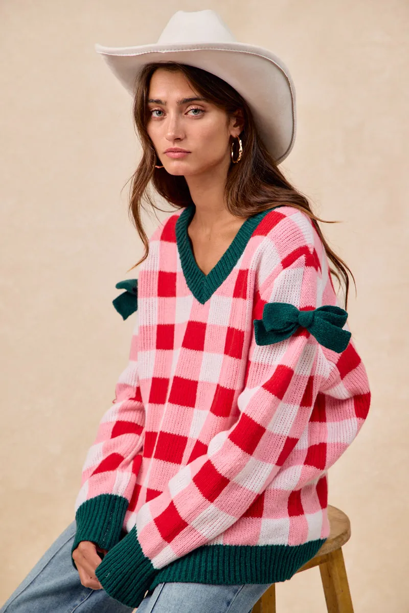 IT4786H-01 | CHRISTMAS THEME CHECKER BOARD V NECK SWEATER TOP StretchKnit