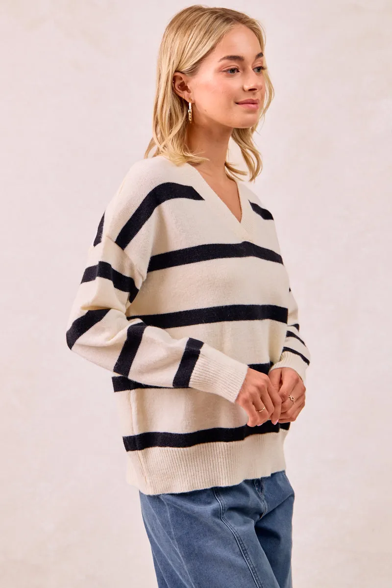 Snag Proof Fabric Flexible Fit IT4307R-01 | SOLID STRIPED KNIT SWEATER TOP WITH V-NECKLINE