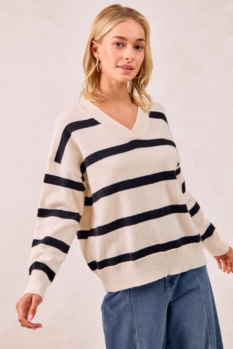 Lightweight Feel StainResistantCoating IT4307R-01 | SOLID STRIPED KNIT SWEATER TOP WITH V-NECKLINE