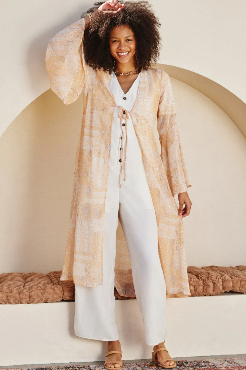 Reflective Safety Accents Sheer Patch Print Chiffon Tie Duster