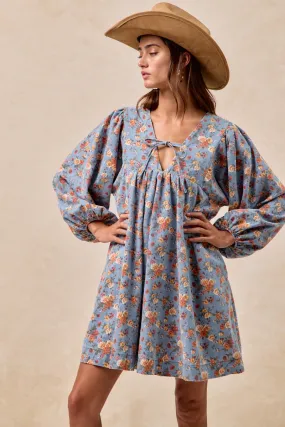 ReinforcedStressPoints ID2044S-01 | WASHED FLORAL DENIM FRONT TIED DRESS