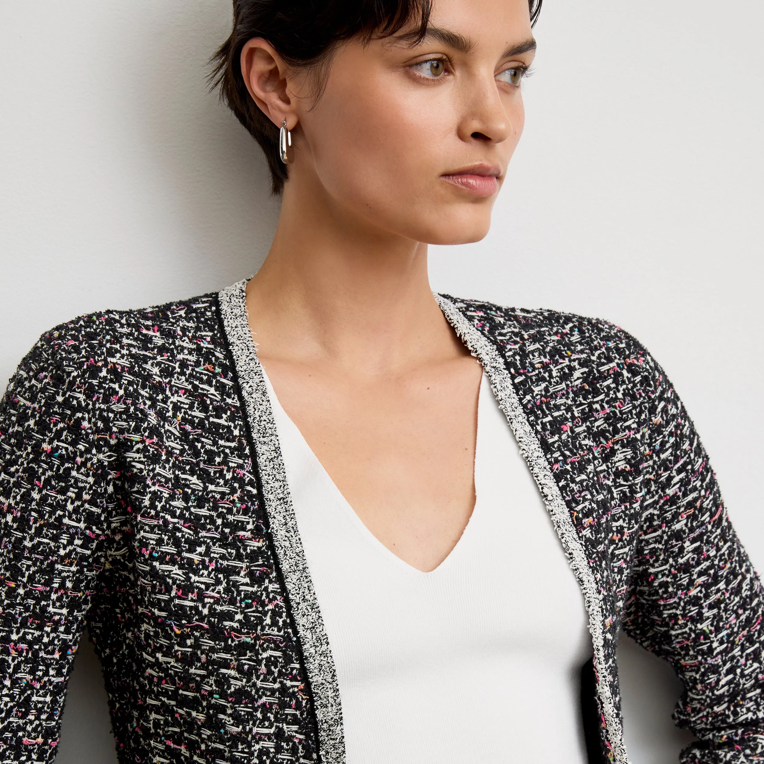 Meena Daily Jardigan - Boucle Tweed Jardigan :: Black/White Quilted Stitching Pattern Sustainable Packaging