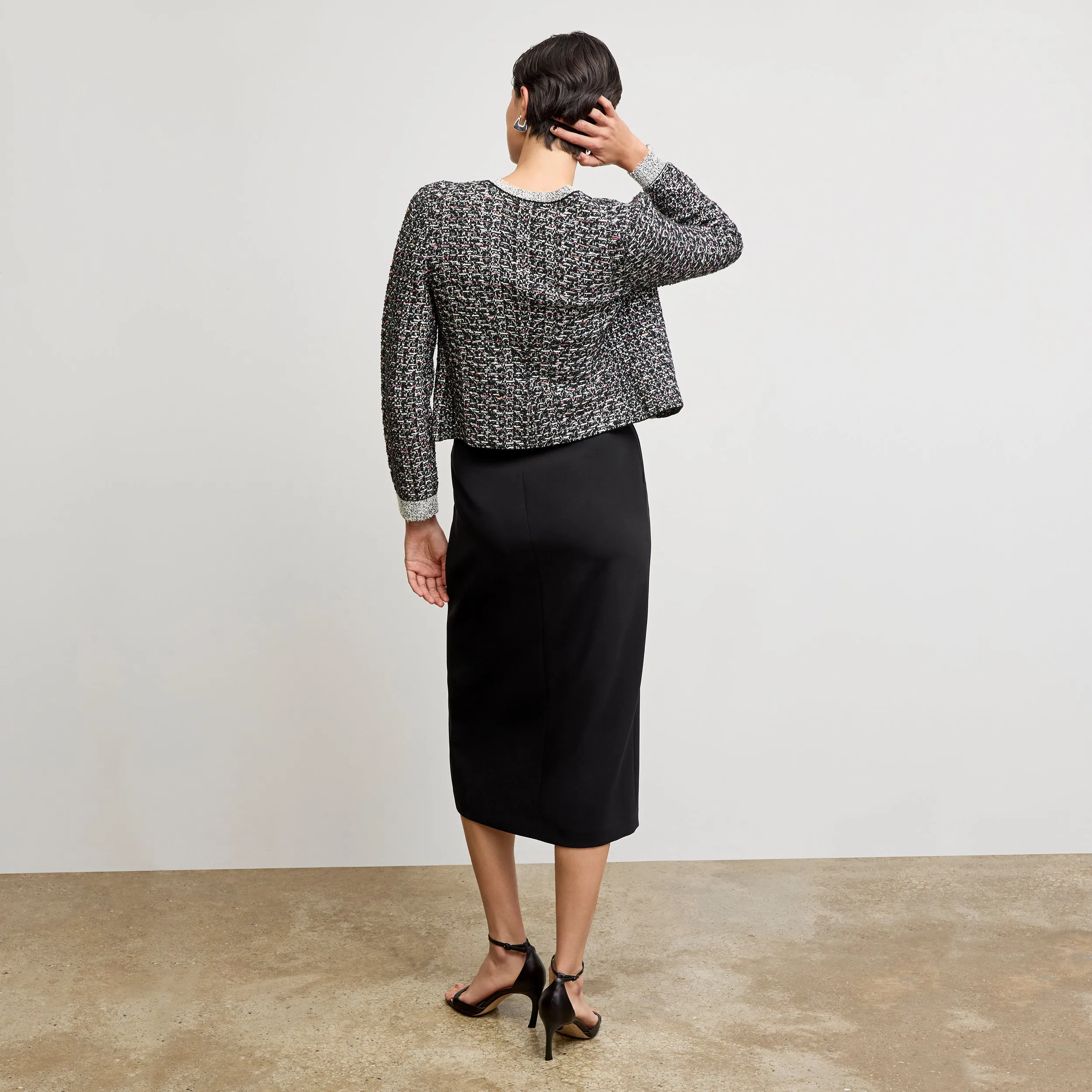 Trendy Feel Checkered Style Meena Daily Jardigan - Boucle Tweed Jardigan :: Black/White