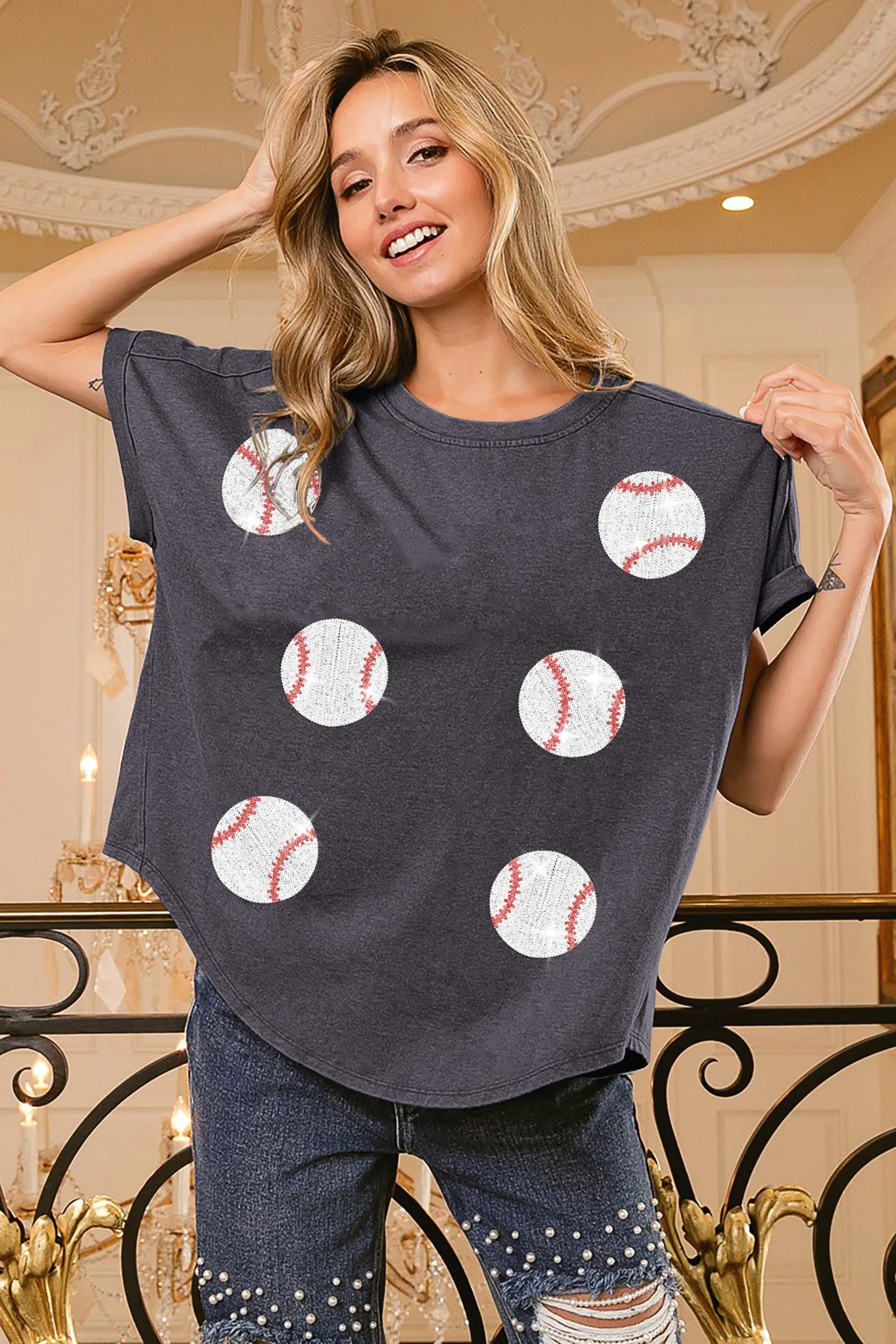 IP8188G-44 | SEQUIN BASEBALLS PATCHES WASHED SHORT SLEEVE TOP Stretch Waistband Design